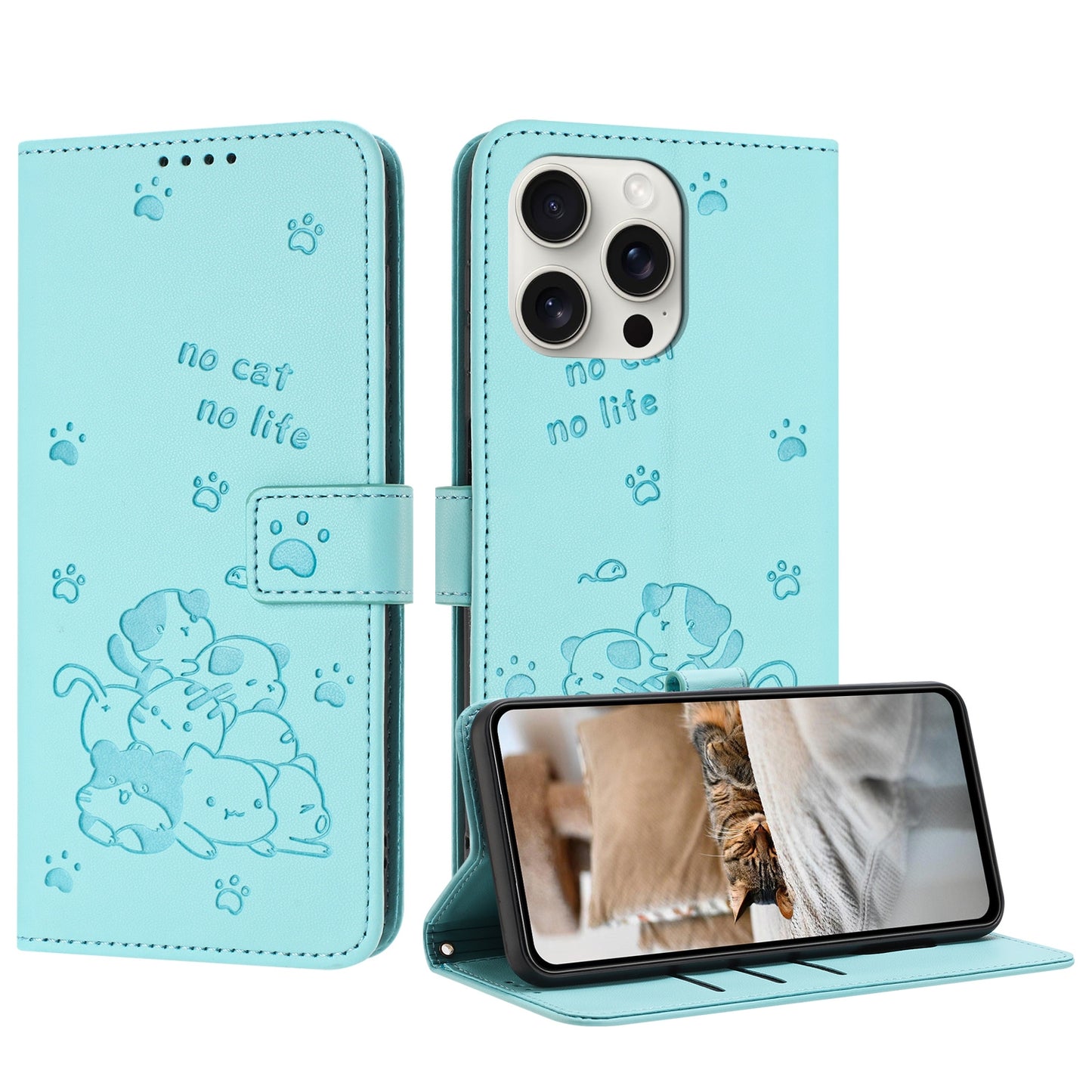 Apple iPhone 13 Pro Max Embossed Kitten PU Leather Wallet Case with Card Slots, Cash Pocket, Kickstand Function, Wrist Lanyard Strap, Full Protective TPU Flip Cover