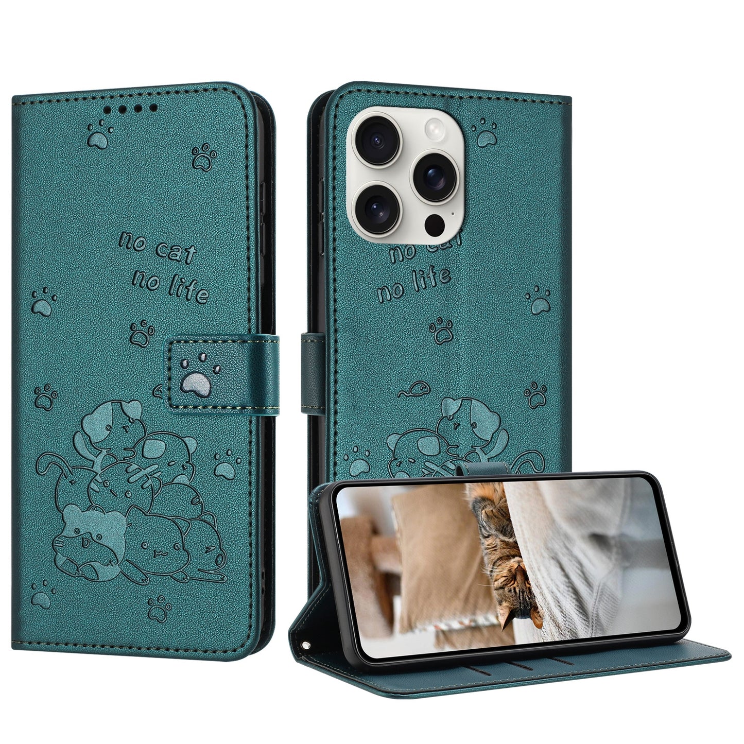 Apple iPhone 13 Pro Max Embossed Kitten PU Leather Wallet Case with Card Slots, Cash Pocket, Kickstand Function, Wrist Lanyard Strap, Full Protective TPU Flip Cover