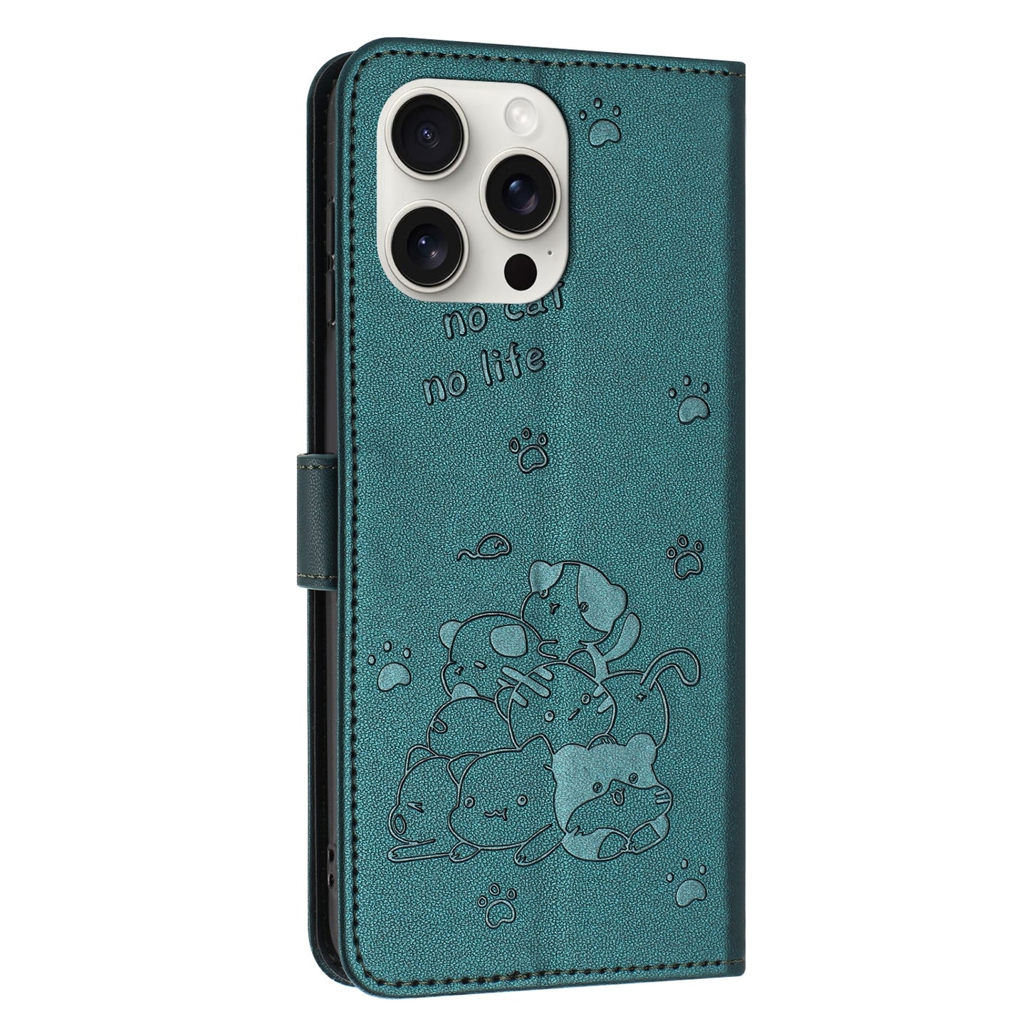 Apple iPhone 13 Pro Max Embossed Kitten PU Leather Wallet Case with Card Slots, Cash Pocket, Kickstand Function, Wrist Lanyard Strap, Full Protective TPU Flip Cover