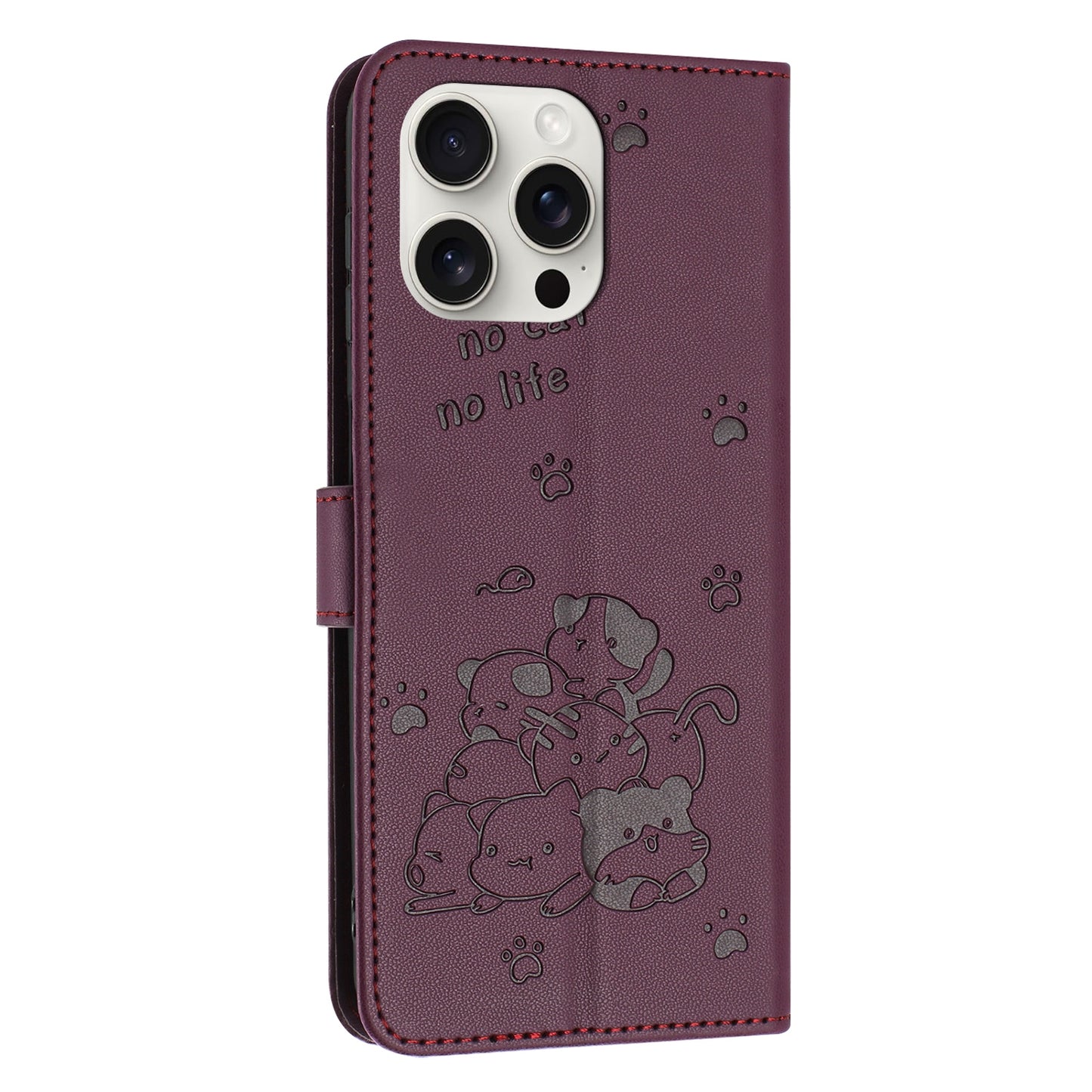 Apple iPhone 13 Pro Max Embossed Kitten PU Leather Wallet Case with Card Slots, Cash Pocket, Kickstand Function, Wrist Lanyard Strap, Full Protective TPU Flip Cover