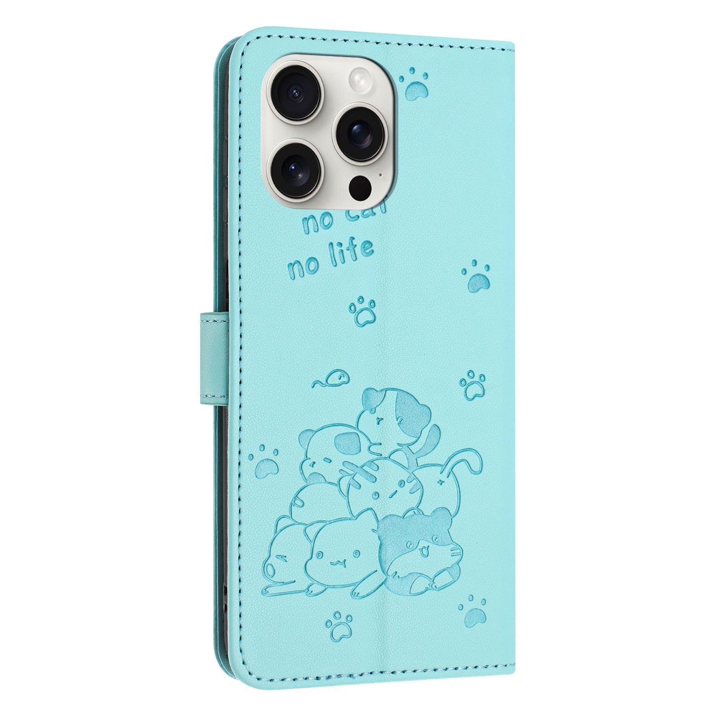Apple iPhone 13 Pro Embossed Kitten PU Leather Wallet Case with Card Slots, Cash Pocket, Kickstand Function, Wrist Lanyard Strap, Full Protective TPU Flip Cover