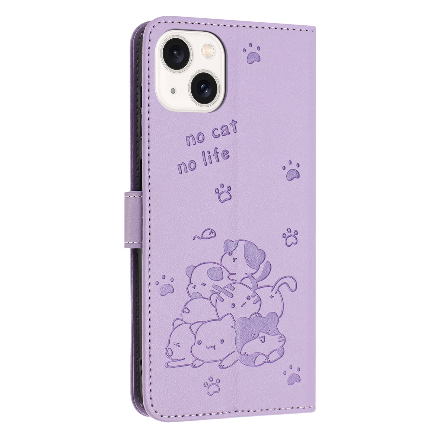Apple iPhone 13 mini Embossed Kitten PU Leather Wallet Case with Card Slots, Cash Pocket, Kickstand Function, Wrist Lanyard Strap, Full Protective TPU Flip Cover