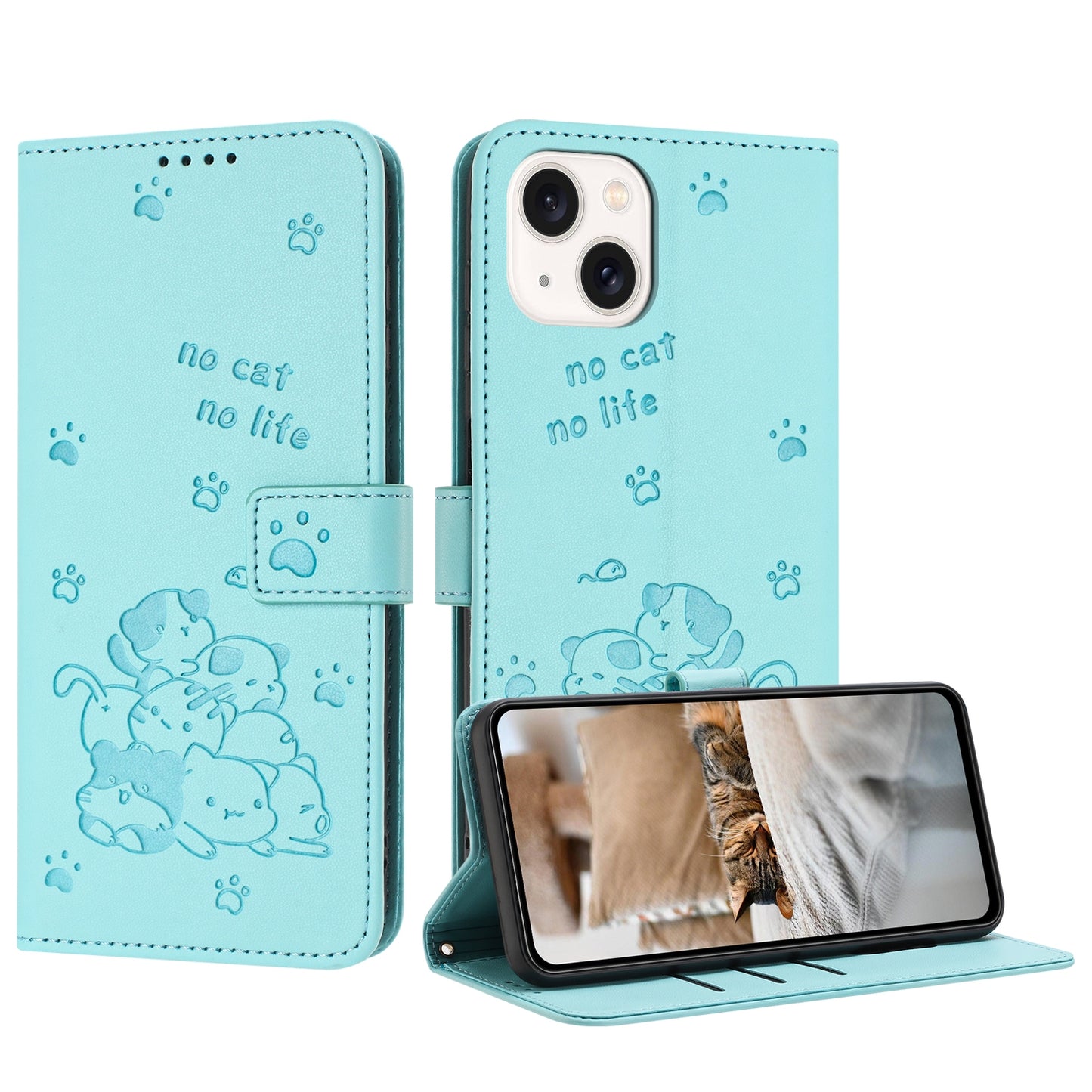 Apple iPhone 13 mini Embossed Kitten PU Leather Wallet Case with Card Slots, Cash Pocket, Kickstand Function, Wrist Lanyard Strap, Full Protective TPU Flip Cover
