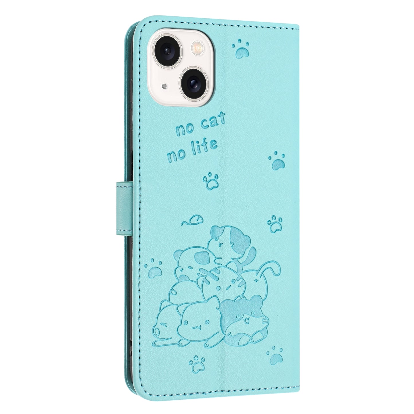 Apple iPhone 13 mini Embossed Kitten PU Leather Wallet Case with Card Slots, Cash Pocket, Kickstand Function, Wrist Lanyard Strap, Full Protective TPU Flip Cover