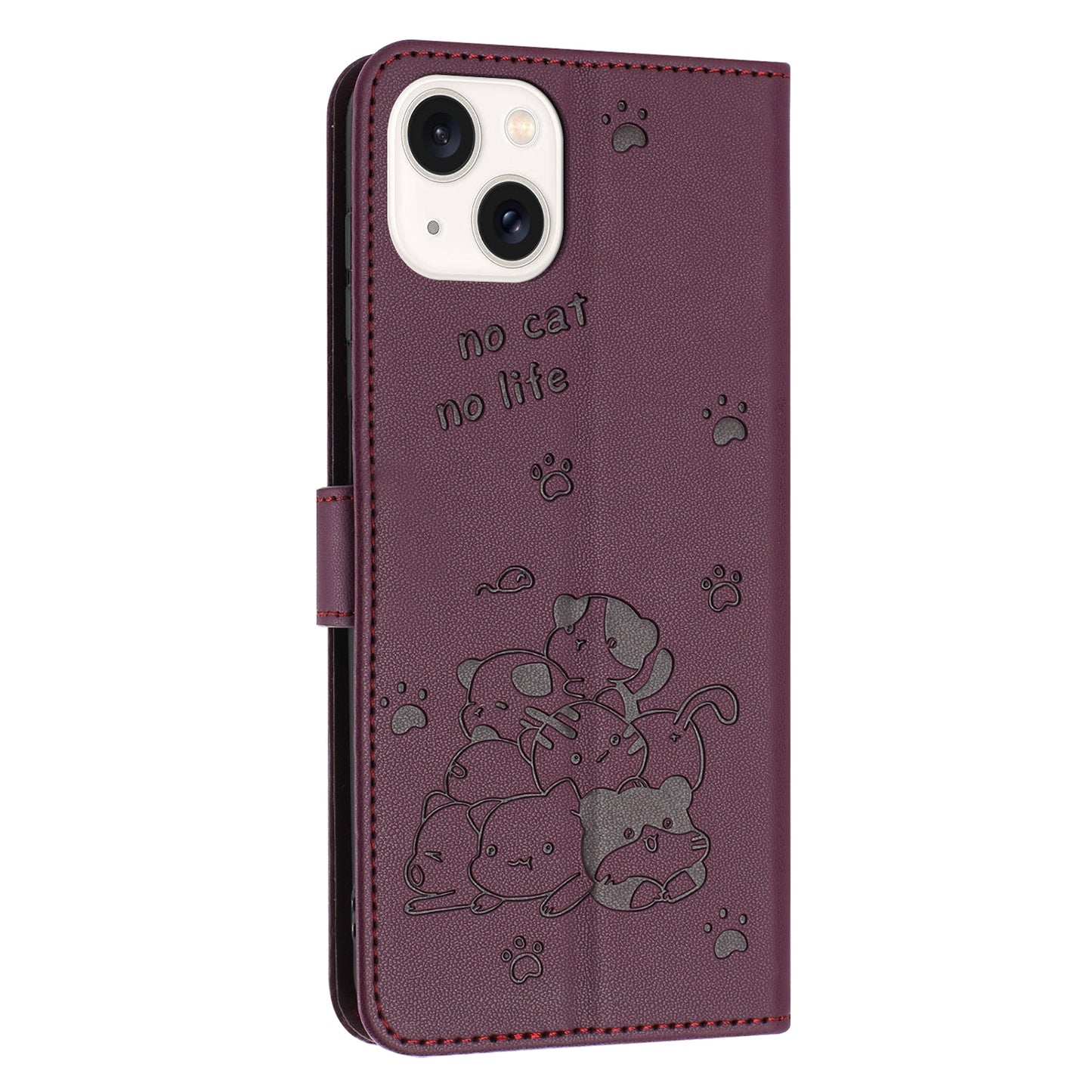 Apple iPhone 13 mini Embossed Kitten PU Leather Wallet Case with Card Slots, Cash Pocket, Kickstand Function, Wrist Lanyard Strap, Full Protective TPU Flip Cover