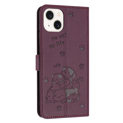 Apple iPhone 13 mini Embossed Kitten PU Leather Wallet Case with Card Slots, Cash Pocket, Kickstand Function, Wrist Lanyard Strap, Full Protective TPU Flip Cover