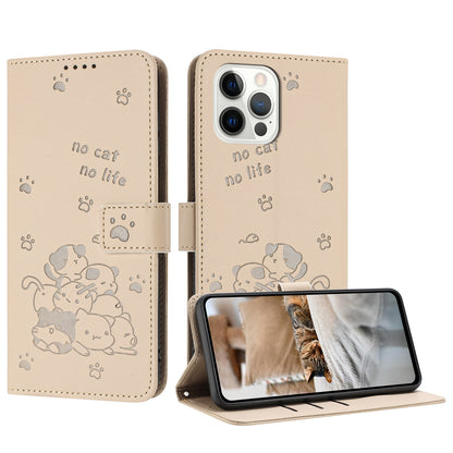 Apple iPhone 12 Embossed Kitten PU Leather Wallet Case with Card Slots, Cash Pocket, Kickstand Function, Wrist Lanyard Strap, Full Protective TPU Flip Cover
