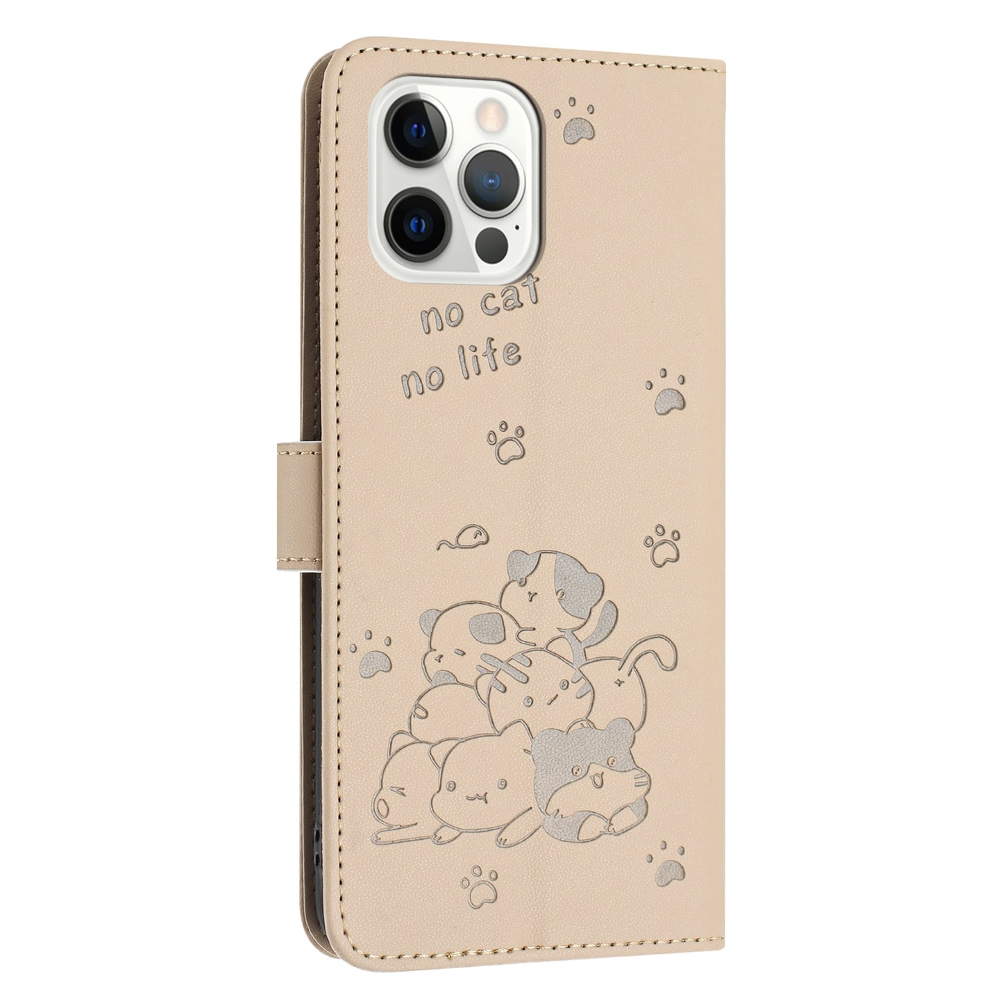 Apple iPhone 12 Pro Embossed Kitten PU Leather Wallet Case with Card Slots, Cash Pocket, Kickstand Function, Wrist Lanyard Strap, Full Protective TPU Flip Cover