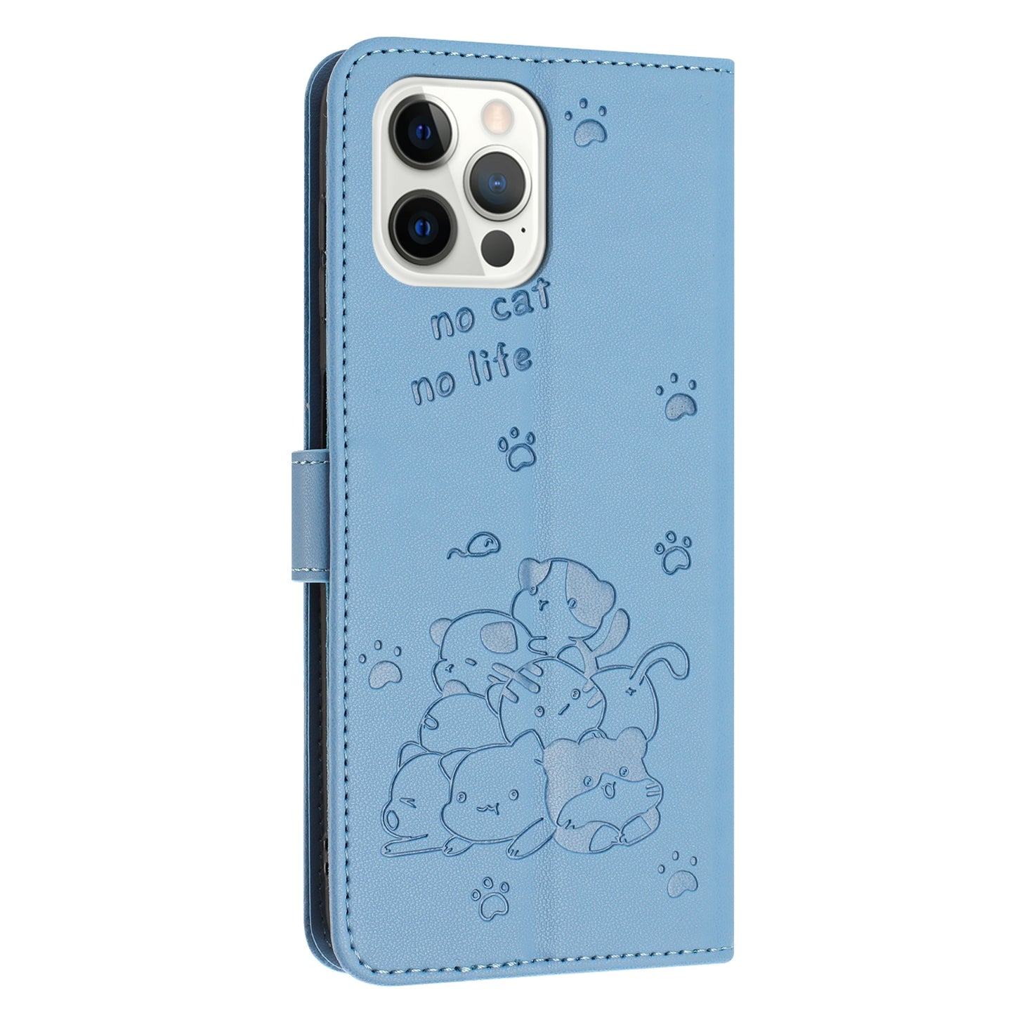 Apple iPhone 12 Embossed Kitten PU Leather Wallet Case with Card Slots, Cash Pocket, Kickstand Function, Wrist Lanyard Strap, Full Protective TPU Flip Cover