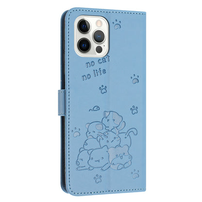 Apple iPhone 12 Embossed Kitten PU Leather Wallet Case with Card Slots, Cash Pocket, Kickstand Function, Wrist Lanyard Strap, Full Protective TPU Flip Cover