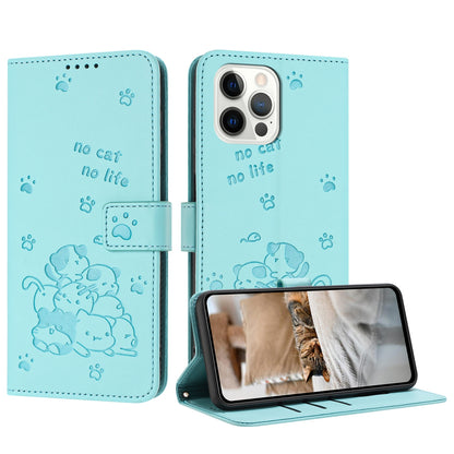 Apple iPhone 12 Embossed Kitten PU Leather Wallet Case with Card Slots, Cash Pocket, Kickstand Function, Wrist Lanyard Strap, Full Protective TPU Flip Cover