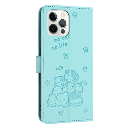 Apple iPhone 12 Embossed Kitten PU Leather Wallet Case with Card Slots, Cash Pocket, Kickstand Function, Wrist Lanyard Strap, Full Protective TPU Flip Cover