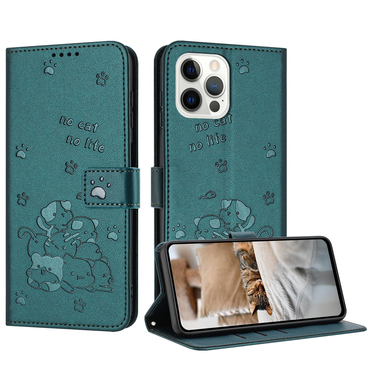Apple iPhone 12 Embossed Kitten PU Leather Wallet Case with Card Slots, Cash Pocket, Kickstand Function, Wrist Lanyard Strap, Full Protective TPU Flip Cover
