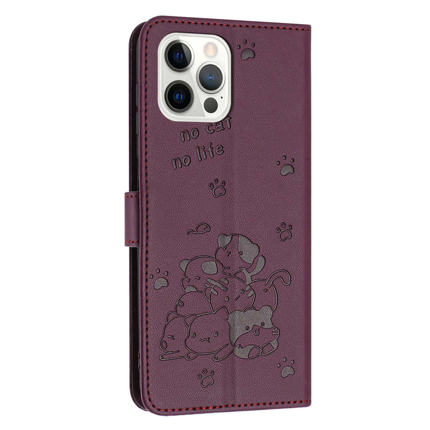 Apple iPhone 12 Pro Embossed Kitten PU Leather Wallet Case with Card Slots, Cash Pocket, Kickstand Function, Wrist Lanyard Strap, Full Protective TPU Flip Cover