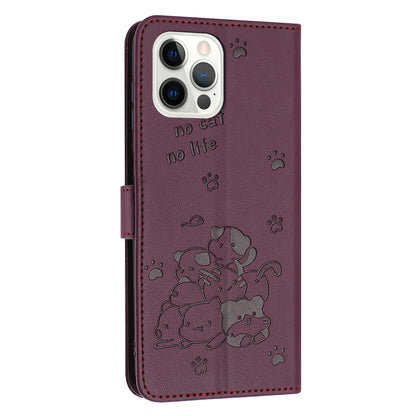 Apple iPhone 12 Pro Embossed Kitten PU Leather Wallet Case with Card Slots, Cash Pocket, Kickstand Function, Wrist Lanyard Strap, Full Protective TPU Flip Cover