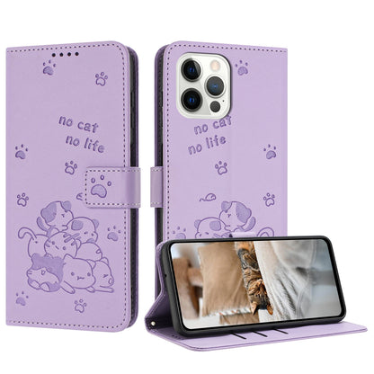 Apple iPhone 12 Pro Max Embossed Kitten PU Leather Wallet Case with Card Slots, Cash Pocket, Kickstand Function, Wrist Lanyard Strap, Full Protective TPU Flip Cover