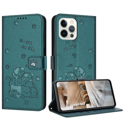 Apple iPhone 12 Pro Max Embossed Kitten PU Leather Wallet Case with Card Slots, Cash Pocket, Kickstand Function, Wrist Lanyard Strap, Full Protective TPU Flip Cover