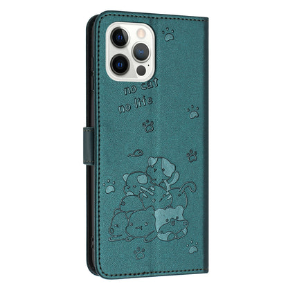 Apple iPhone 12 Pro Max Embossed Kitten PU Leather Wallet Case with Card Slots, Cash Pocket, Kickstand Function, Wrist Lanyard Strap, Full Protective TPU Flip Cover
