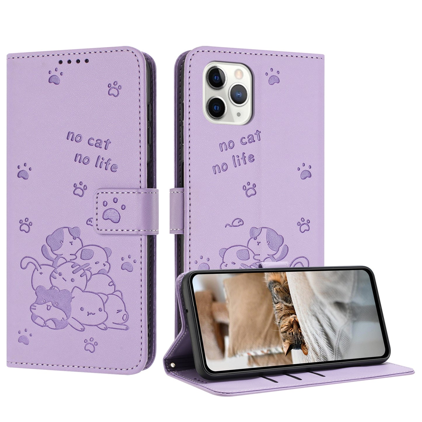 Apple iPhone 11 Pro Max Embossed Kitten PU Leather Wallet Case with Card Slots, Cash Pocket, Kickstand Function, Wrist Lanyard Strap, Full Protective TPU Flip Cover