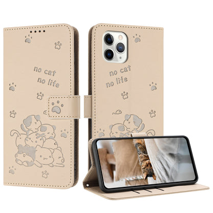 Apple iPhone 11 Pro Max Embossed Kitten PU Leather Wallet Case with Card Slots, Cash Pocket, Kickstand Function, Wrist Lanyard Strap, Full Protective TPU Flip Cover