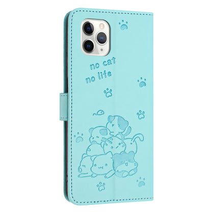 Apple iPhone 11 Pro Max Embossed Kitten PU Leather Wallet Case with Card Slots, Cash Pocket, Kickstand Function, Wrist Lanyard Strap, Full Protective TPU Flip Cover