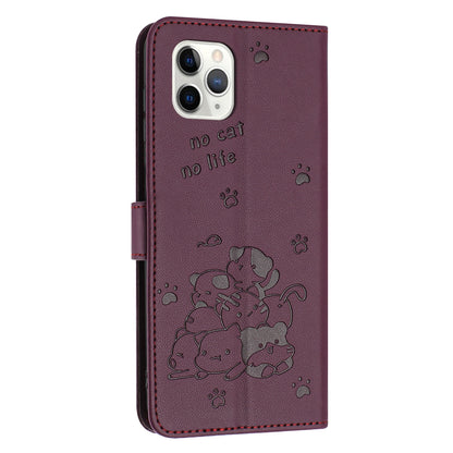 Apple iPhone 11 Pro Max Embossed Kitten PU Leather Wallet Case with Card Slots, Cash Pocket, Kickstand Function, Wrist Lanyard Strap, Full Protective TPU Flip Cover