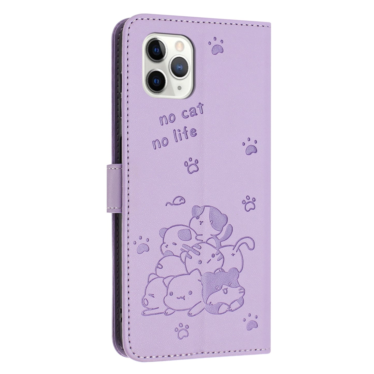 Apple iPhone 11 Pro Embossed Kitten PU Leather Wallet Case with Card Slots, Cash Pocket, Kickstand Function, Wrist Lanyard Strap, Full Protective TPU Flip Cover