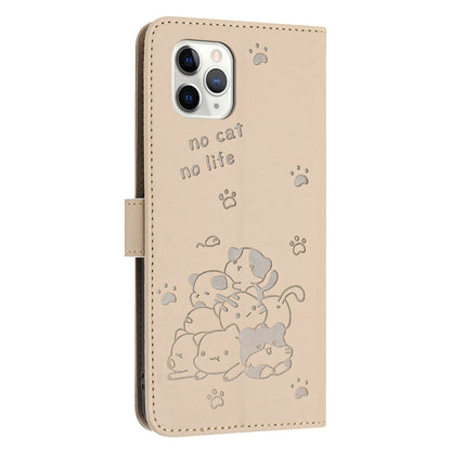 Apple iPhone 11 Pro Embossed Kitten PU Leather Wallet Case with Card Slots, Cash Pocket, Kickstand Function, Wrist Lanyard Strap, Full Protective TPU Flip Cover