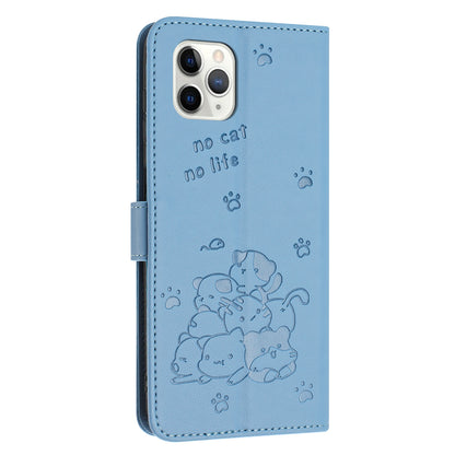Apple iPhone 11 Pro Embossed Kitten PU Leather Wallet Case with Card Slots, Cash Pocket, Kickstand Function, Wrist Lanyard Strap, Full Protective TPU Flip Cover