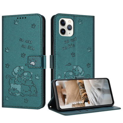 Apple iPhone 11 Pro Embossed Kitten PU Leather Wallet Case with Card Slots, Cash Pocket, Kickstand Function, Wrist Lanyard Strap, Full Protective TPU Flip Cover