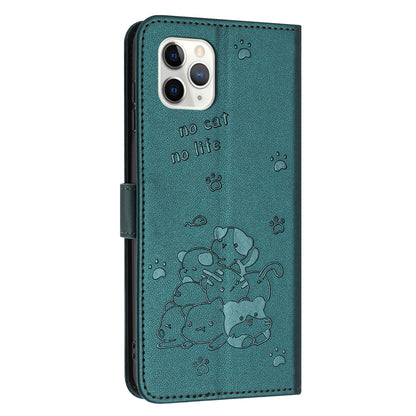 Apple iPhone 11 Pro Embossed Kitten PU Leather Wallet Case with Card Slots, Cash Pocket, Kickstand Function, Wrist Lanyard Strap, Full Protective TPU Flip Cover
