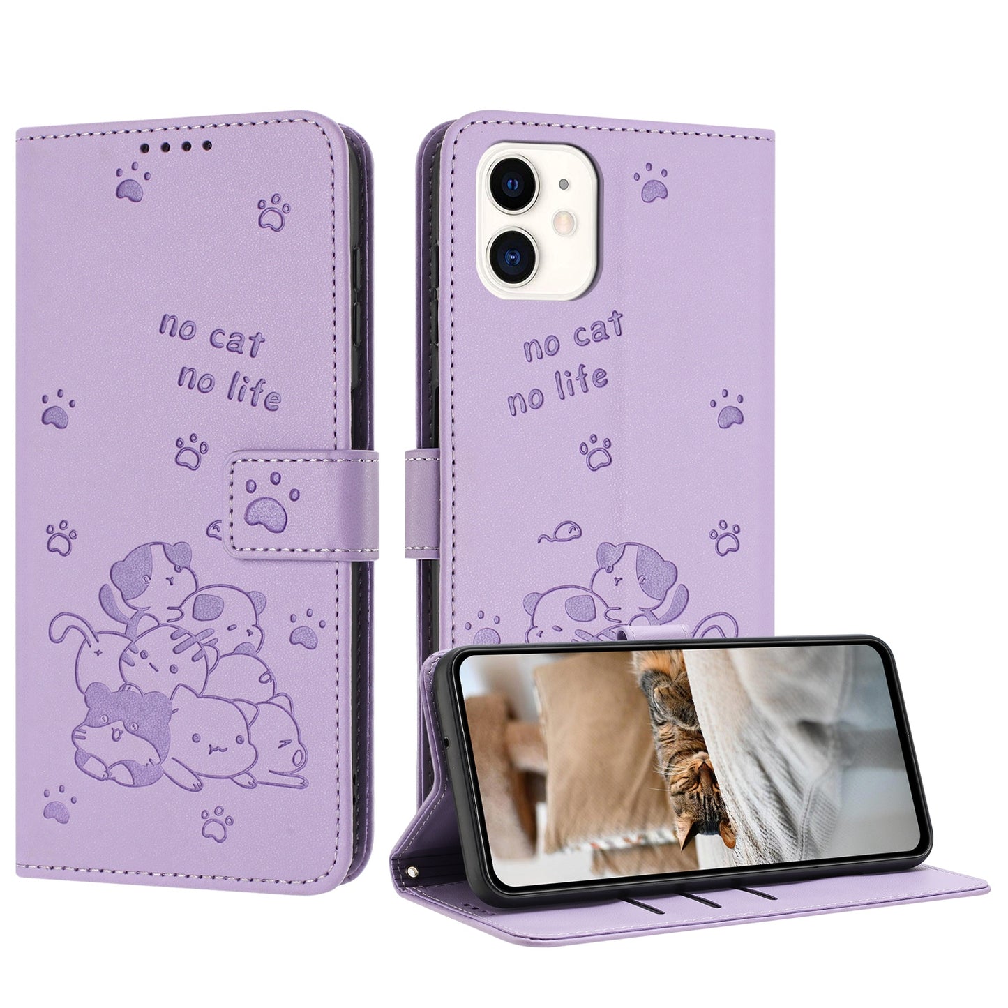 Apple iPhone 11 Embossed Kitten PU Leather Wallet Case with Card Slots, Cash Pocket, Kickstand Function, Wrist Lanyard Strap, Full Protective TPU Flip Cover