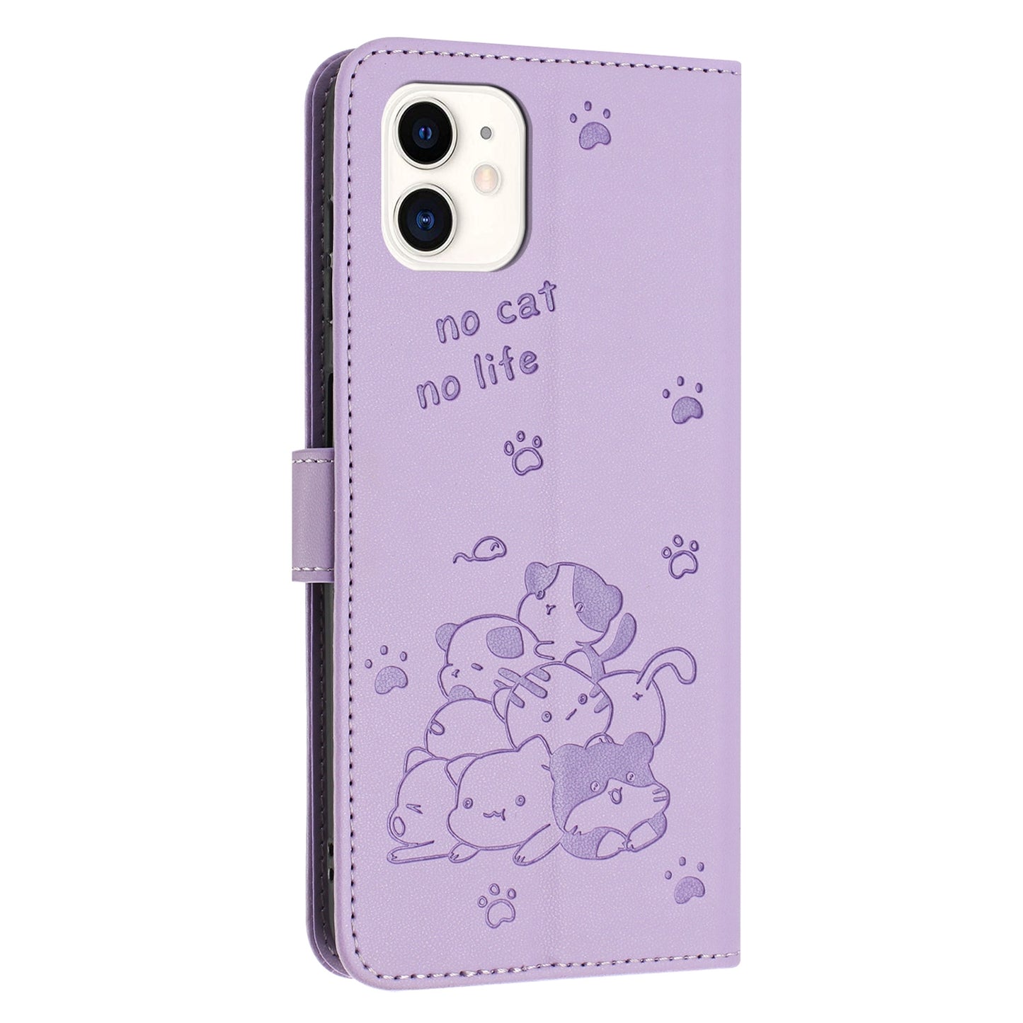 Apple iPhone 11 Embossed Kitten PU Leather Wallet Case with Card Slots, Cash Pocket, Kickstand Function, Wrist Lanyard Strap, Full Protective TPU Flip Cover
