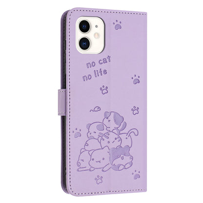 Apple iPhone 11 Embossed Kitten PU Leather Wallet Case with Card Slots, Cash Pocket, Kickstand Function, Wrist Lanyard Strap, Full Protective TPU Flip Cover