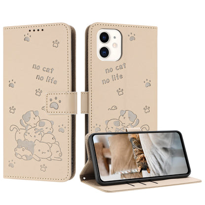 Apple iPhone 11 Embossed Kitten PU Leather Wallet Case with Card Slots, Cash Pocket, Kickstand Function, Wrist Lanyard Strap, Full Protective TPU Flip Cover
