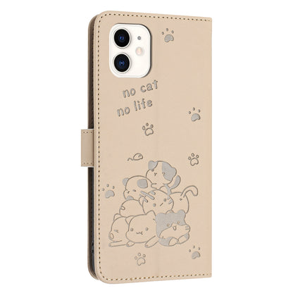 Apple iPhone 11 Embossed Kitten PU Leather Wallet Case with Card Slots, Cash Pocket, Kickstand Function, Wrist Lanyard Strap, Full Protective TPU Flip Cover