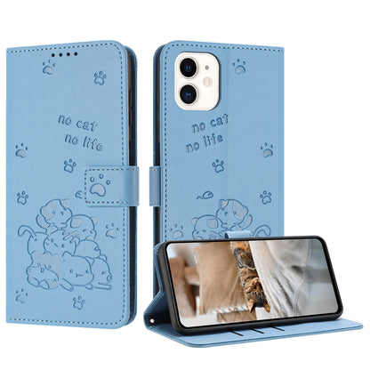 Apple iPhone 11 Embossed Kitten PU Leather Wallet Case with Card Slots, Cash Pocket, Kickstand Function, Wrist Lanyard Strap, Full Protective TPU Flip Cover