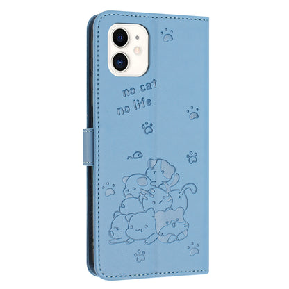 Apple iPhone 11 Embossed Kitten PU Leather Wallet Case with Card Slots, Cash Pocket, Kickstand Function, Wrist Lanyard Strap, Full Protective TPU Flip Cover