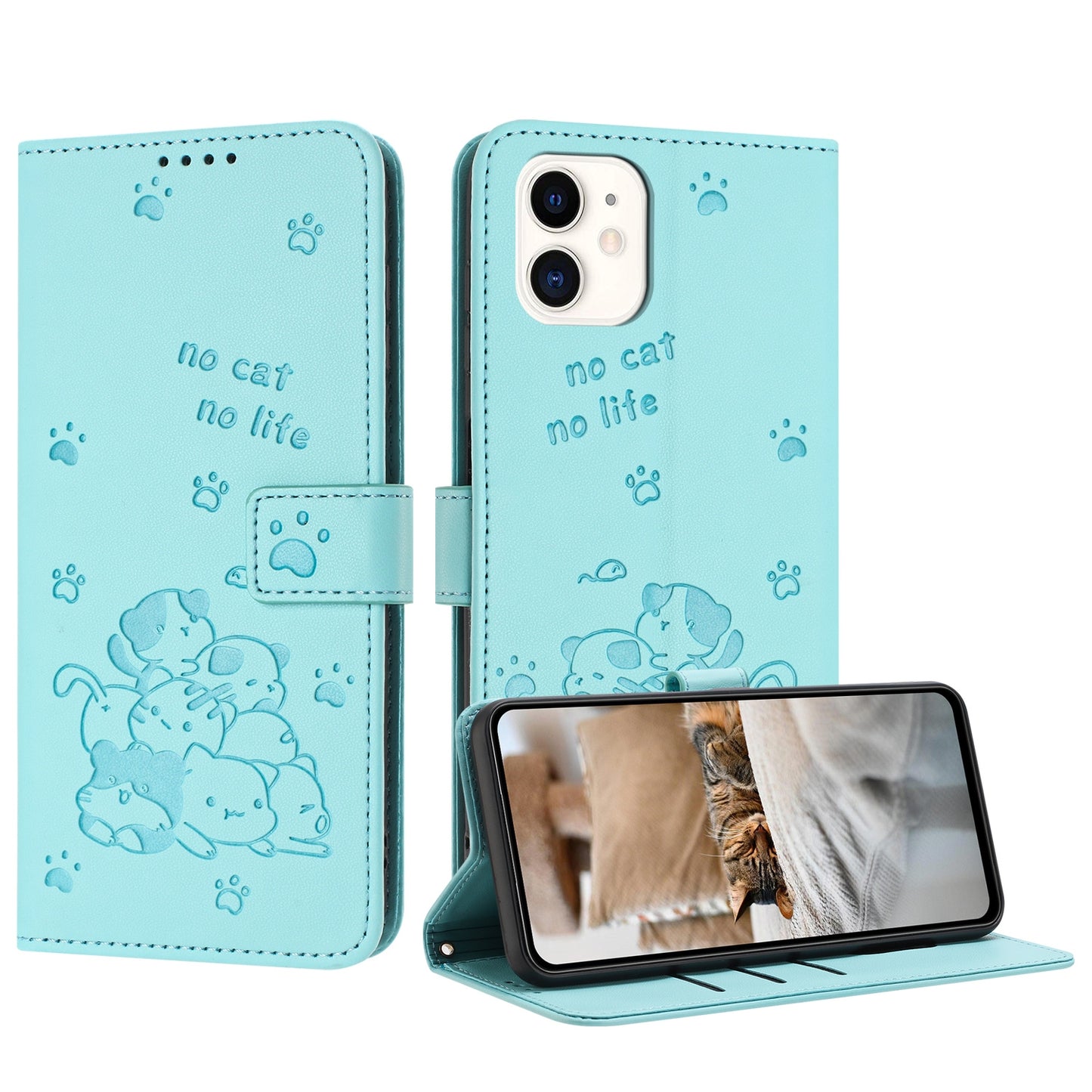 Apple iPhone 11 Embossed Kitten PU Leather Wallet Case with Card Slots, Cash Pocket, Kickstand Function, Wrist Lanyard Strap, Full Protective TPU Flip Cover