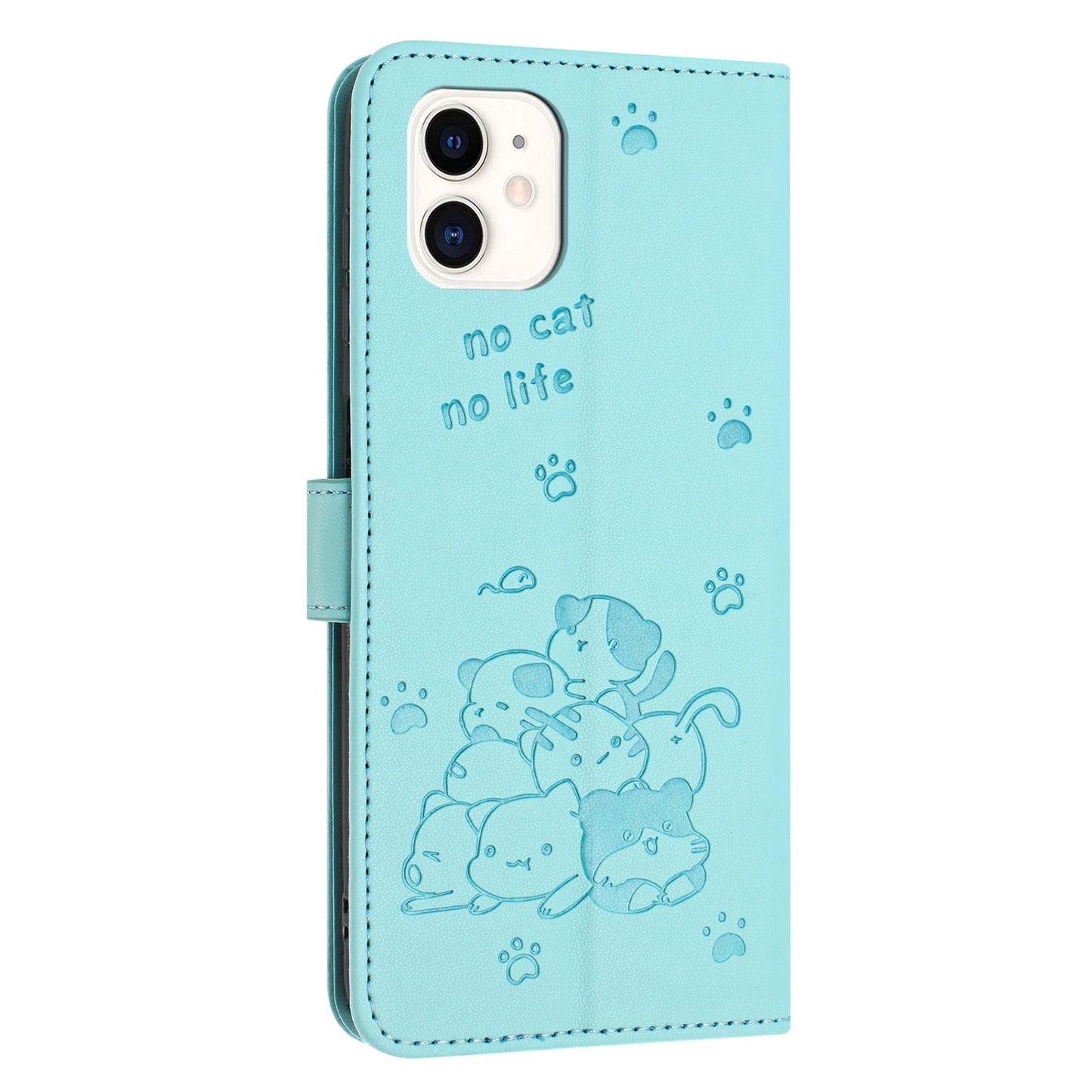 Apple iPhone 11 Embossed Kitten PU Leather Wallet Case with Card Slots, Cash Pocket, Kickstand Function, Wrist Lanyard Strap, Full Protective TPU Flip Cover