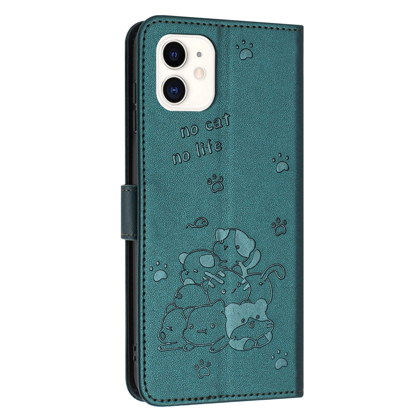 Apple iPhone 11 Embossed Kitten PU Leather Wallet Case with Card Slots, Cash Pocket, Kickstand Function, Wrist Lanyard Strap, Full Protective TPU Flip Cover