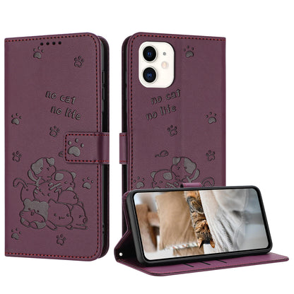 Apple iPhone 11 Embossed Kitten PU Leather Wallet Case with Card Slots, Cash Pocket, Kickstand Function, Wrist Lanyard Strap, Full Protective TPU Flip Cover