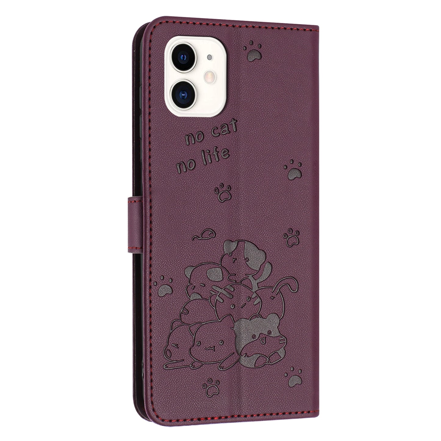 Apple iPhone 11 Embossed Kitten PU Leather Wallet Case with Card Slots, Cash Pocket, Kickstand Function, Wrist Lanyard Strap, Full Protective TPU Flip Cover