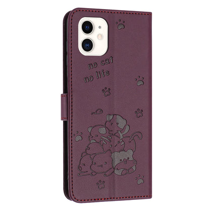 Apple iPhone 11 Embossed Kitten PU Leather Wallet Case with Card Slots, Cash Pocket, Kickstand Function, Wrist Lanyard Strap, Full Protective TPU Flip Cover