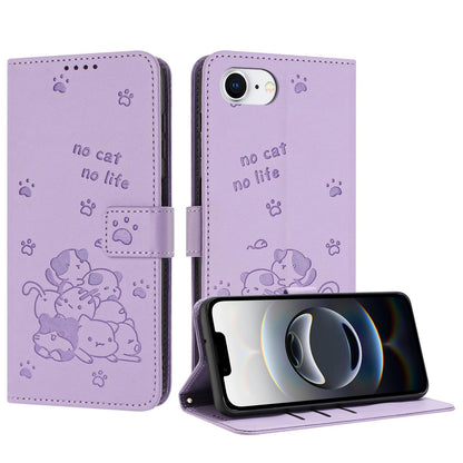 Apple iPhone 17e Embossed Kitten PU Leather Wallet Case with Card Slots, Cash Pocket, Kickstand Function, Wrist Lanyard Strap, Full Protective TPU Flip Cover