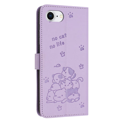 Apple iPhone 17e Embossed Kitten PU Leather Wallet Case with Card Slots, Cash Pocket, Kickstand Function, Wrist Lanyard Strap, Full Protective TPU Flip Cover