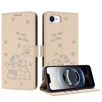 Apple iPhone 17e Embossed Kitten PU Leather Wallet Case with Card Slots, Cash Pocket, Kickstand Function, Wrist Lanyard Strap, Full Protective TPU Flip Cover
