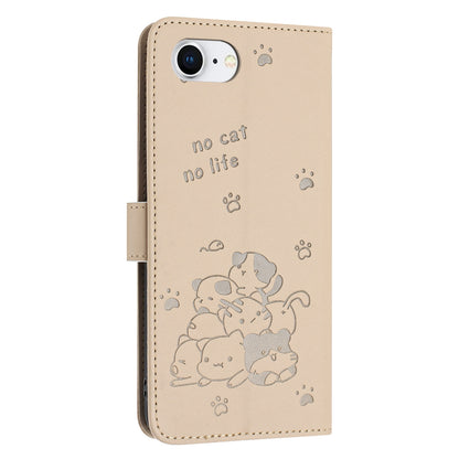 Apple iPhone 17e Embossed Kitten PU Leather Wallet Case with Card Slots, Cash Pocket, Kickstand Function, Wrist Lanyard Strap, Full Protective TPU Flip Cover
