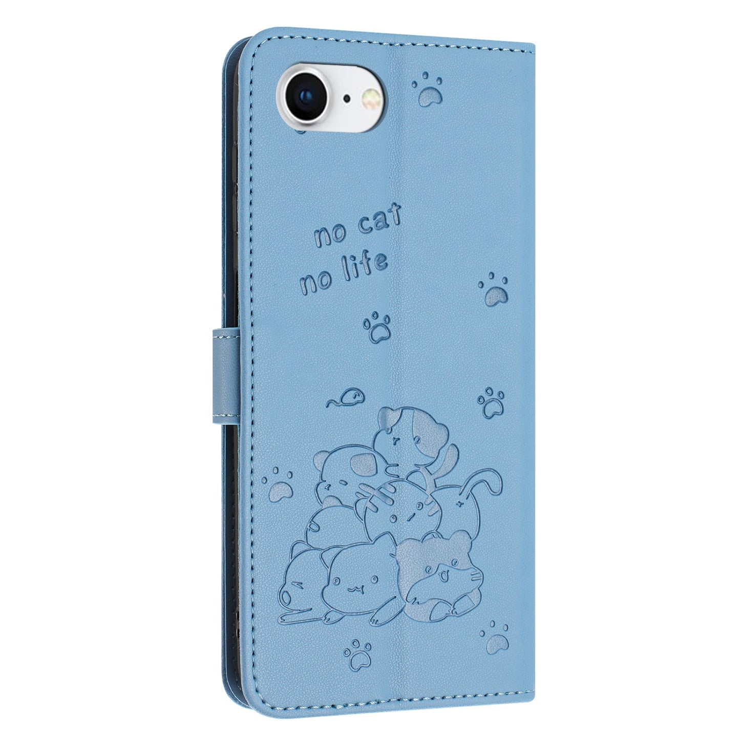 Apple iPhone 17e Embossed Kitten PU Leather Wallet Case with Card Slots, Cash Pocket, Kickstand Function, Wrist Lanyard Strap, Full Protective TPU Flip Cover
