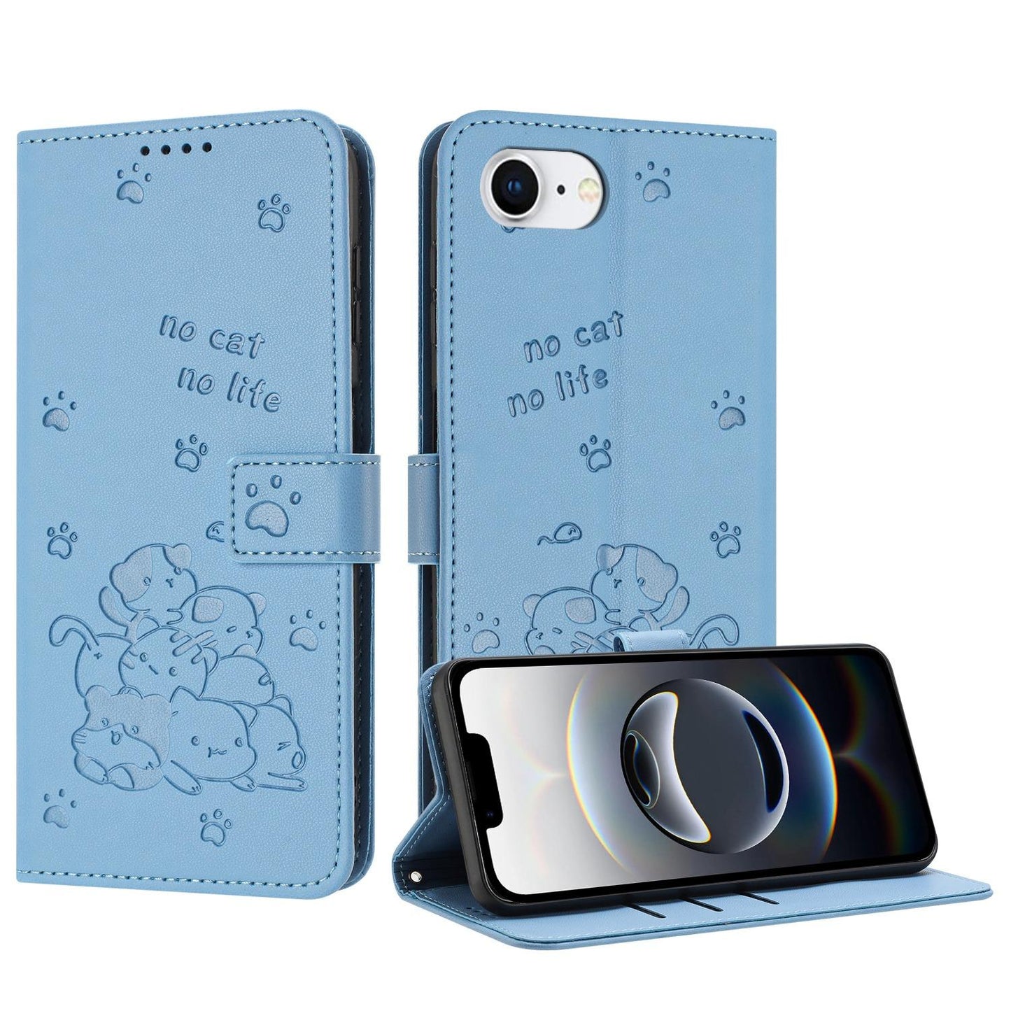 Apple iPhone 16e Embossed Kitten PU Leather Wallet Case with Card Slots, Cash Pocket, Kickstand Function, Wrist Lanyard Strap, Full Protective TPU Flip Cover